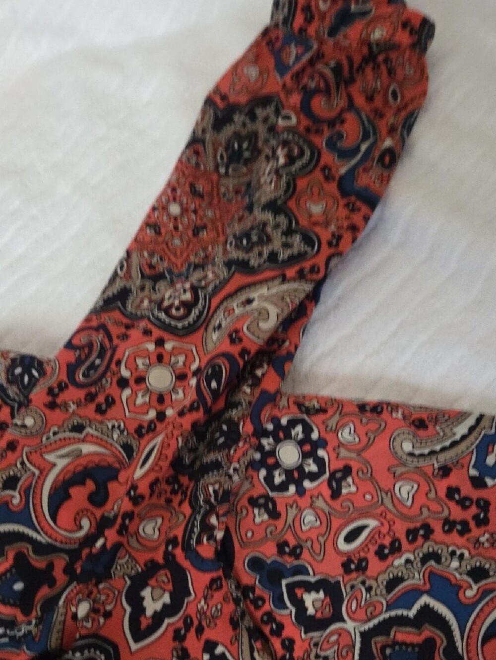 Boho Coral Paisley Women’s Peasant Top, Business Causual, Silky Feel, Lightweigh - Picture 3 of 7